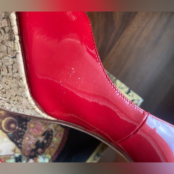 cole haan Heels 9.5 air Mariela Platform Leather Red Peep Toe Cork Nike Air sole - Picture 8 of 8